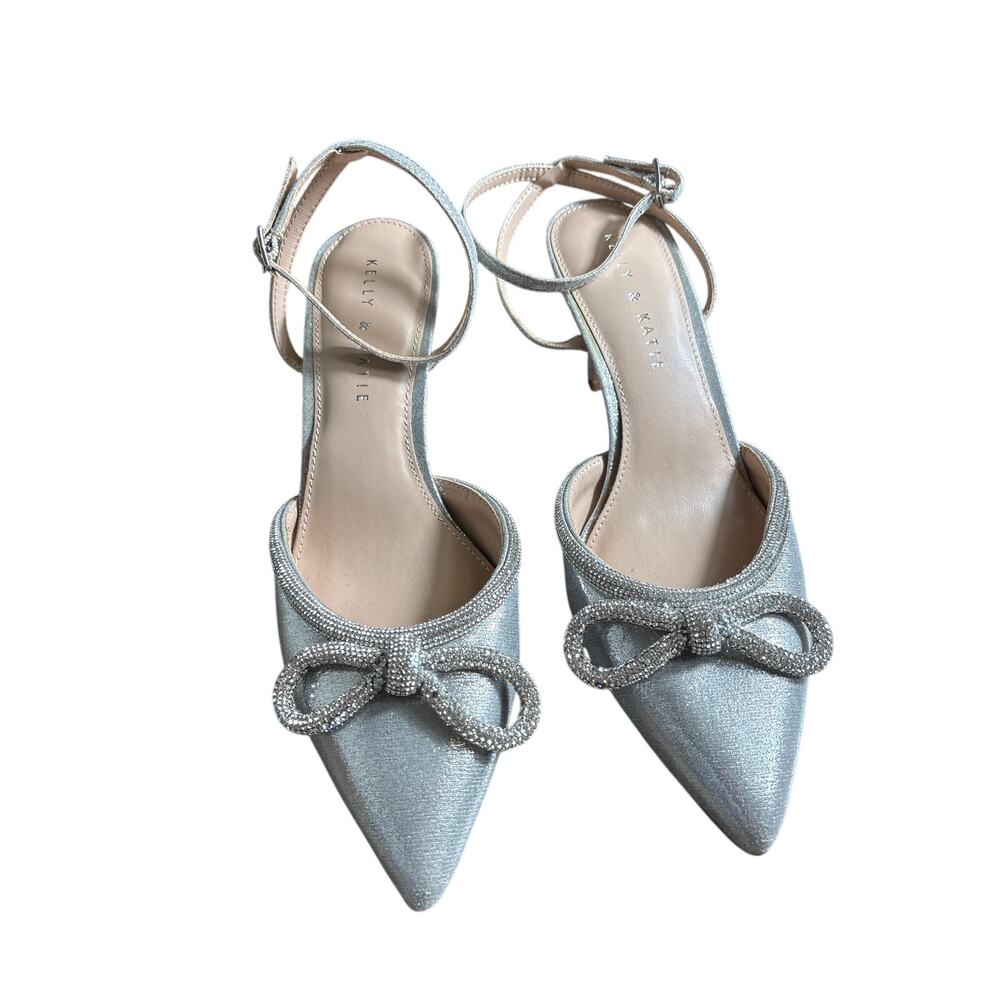 Katie & Kate Silver Metalic High Heel Bow Mule with Rhinestones Sz 8.5